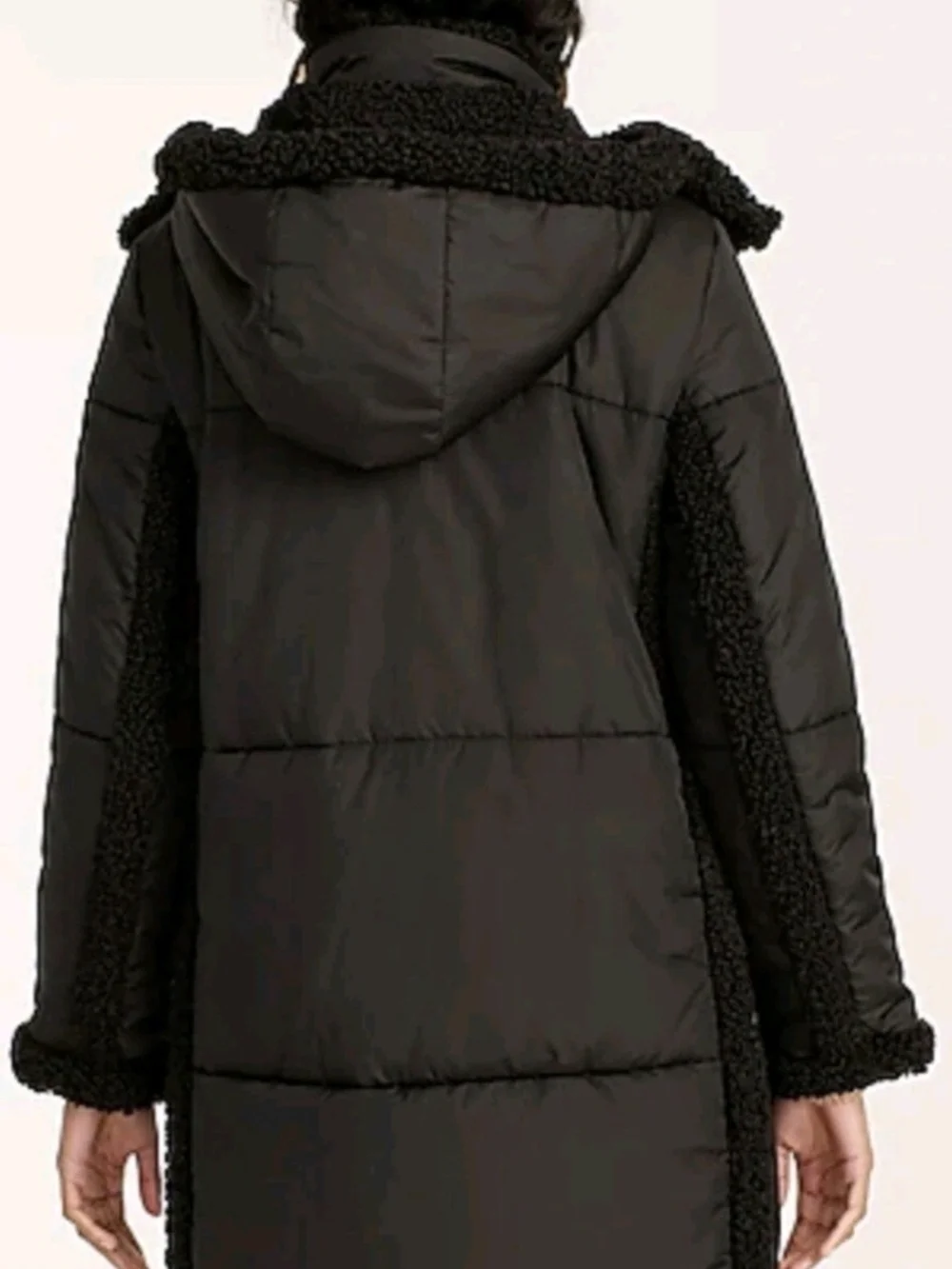 J. Crew Black Hooded Puffer Coat with Sherpa Trim
